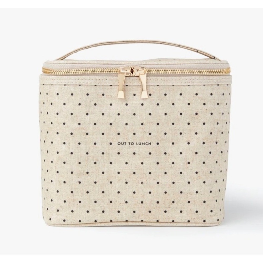 KATE SPADE NEW YORK Out To Lunch Box Bag Polka Dot Insulated Tote Beige Black‎